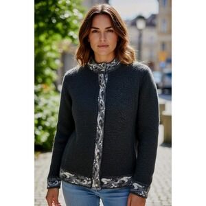 Harley of Scotland Merino Wool Button Cardigan Sweater Black Gray Women's XL